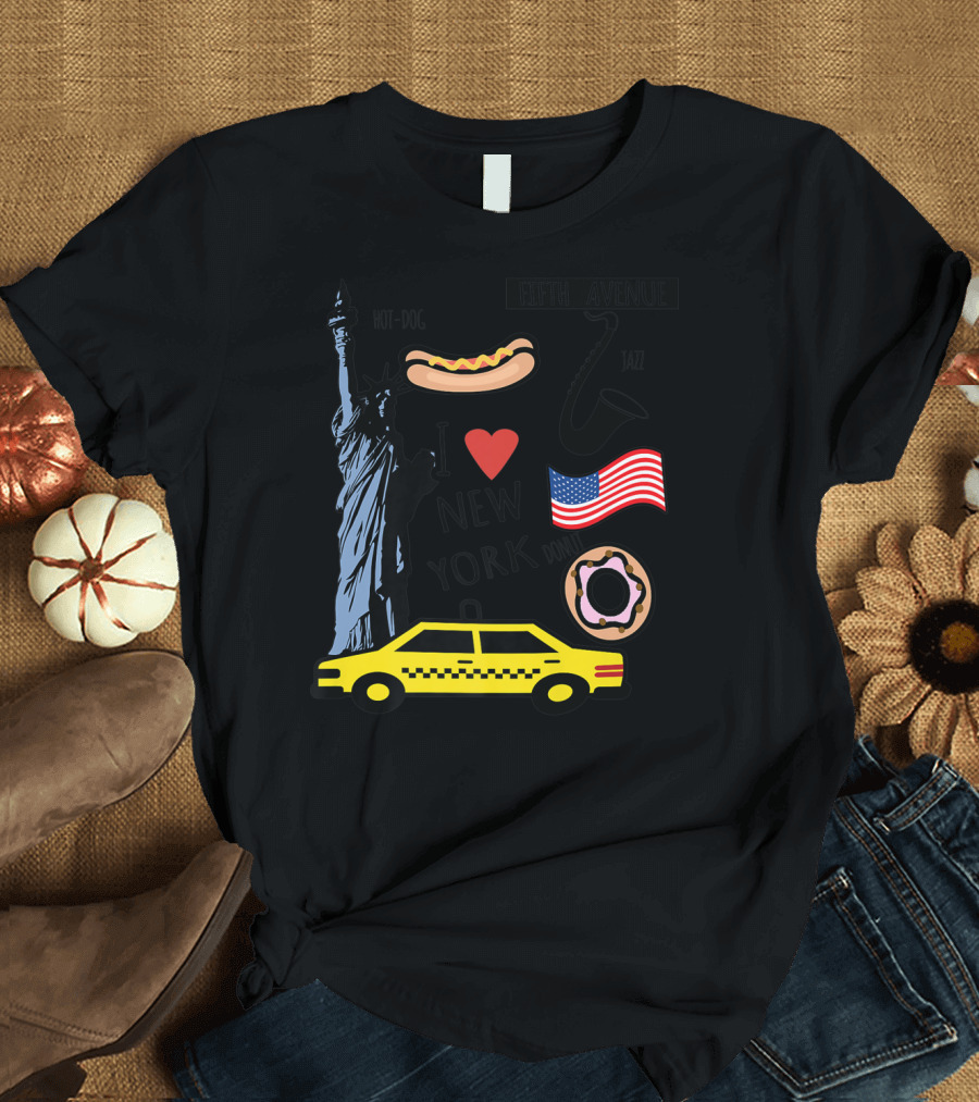 I Heart New York Top Spots Statue of Liberty Taxi Fifth Avenue Hot Dog Jazz Donut American Flag T-Shirt