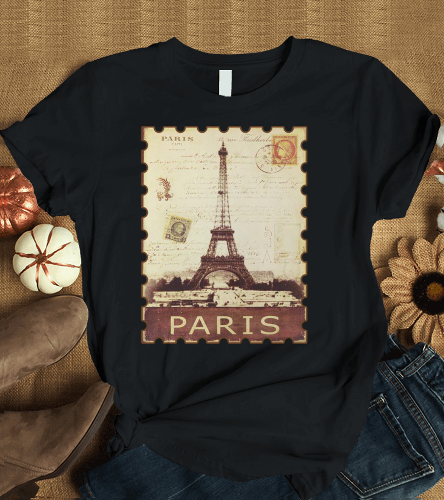 Vintage Eiffel Tower Paris Stamp with Distressed Paris Text T-Shirt