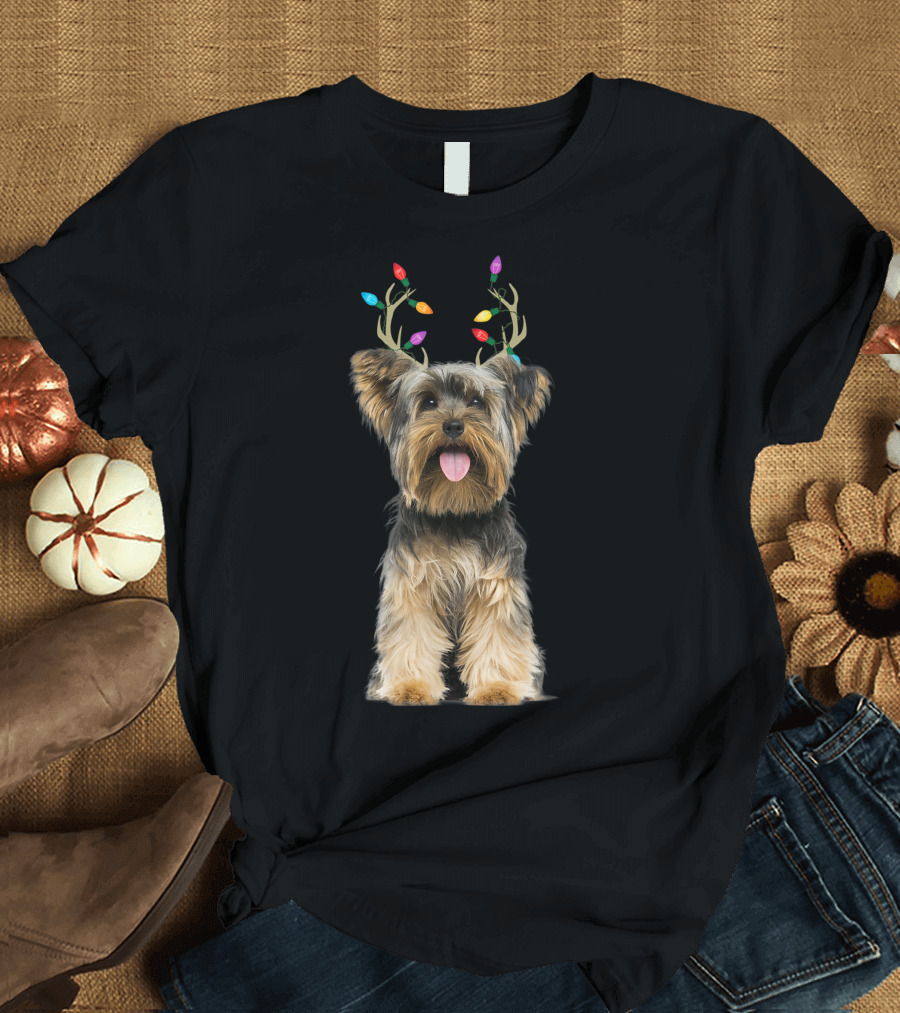 Yorkie Yorkshire Terrier with Colorful Reindeer Antlers T-Shirt