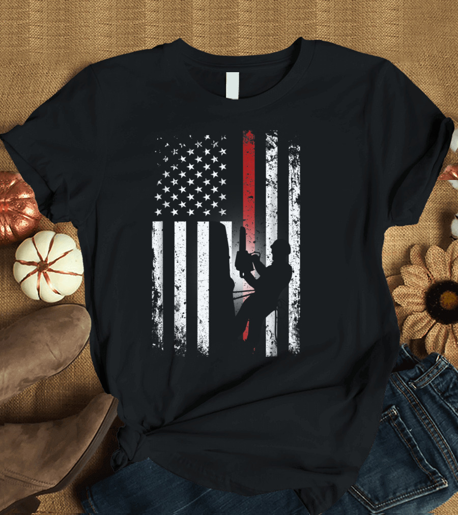 Patriotic Arborist Distressed American Flag with Climber and Chainsaw T-Shirt