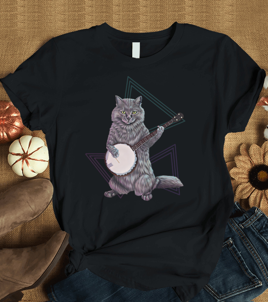 Banjo Cat Rock Kitty Playing The Banjo Triangular Neon Background T-Shirt