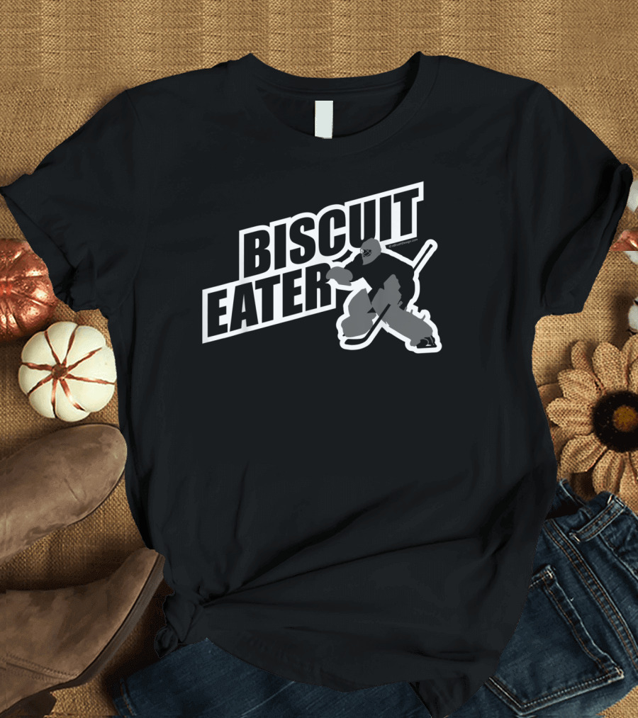 Biscuit Eater Hockey Goalie Retro Style Block Text with Silhouette of Ice Hockey Player in Action T-Shirt