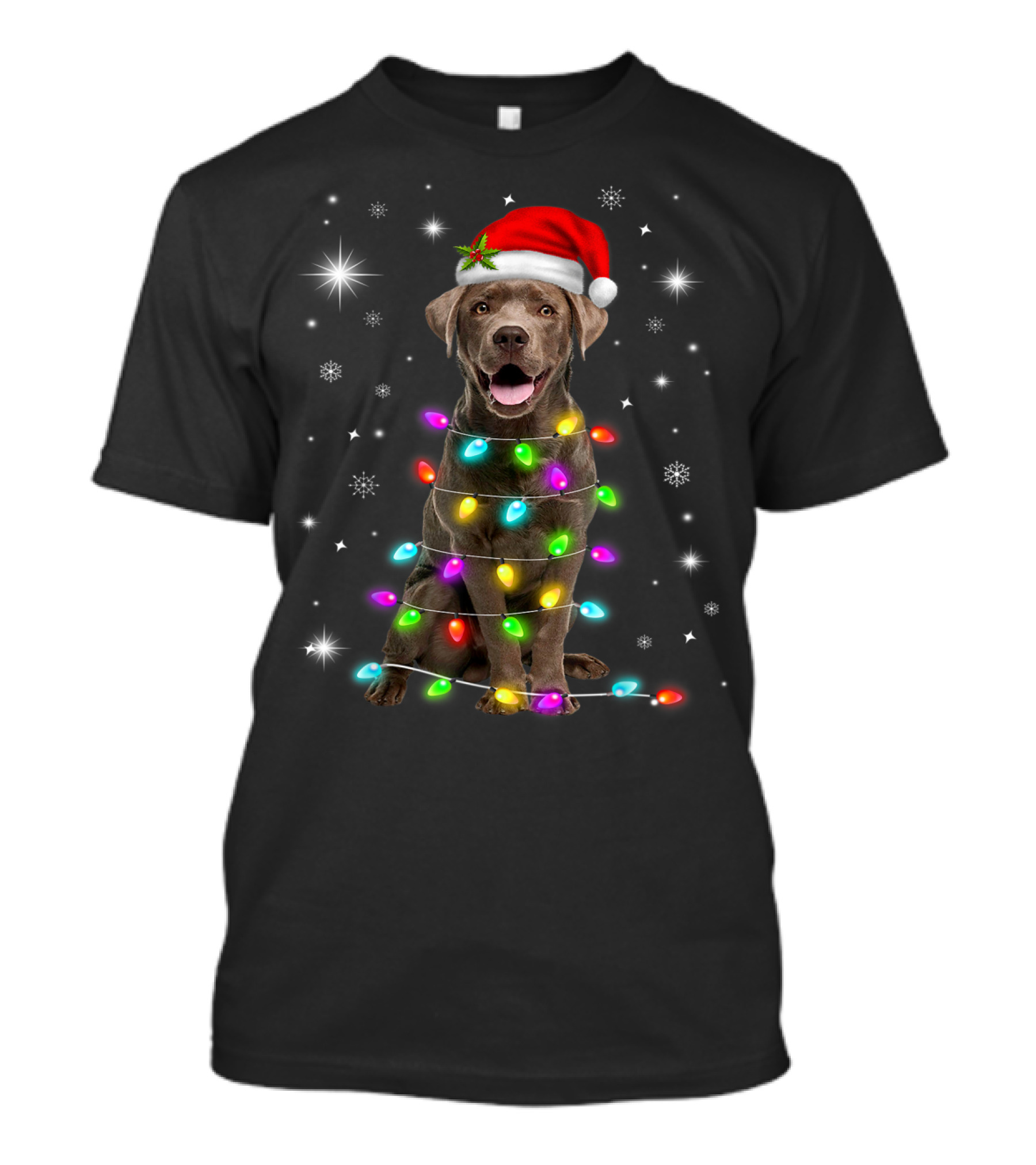 Chocolate Labrador Santa Hat Christmas Lights Snowflakes T-Shirt