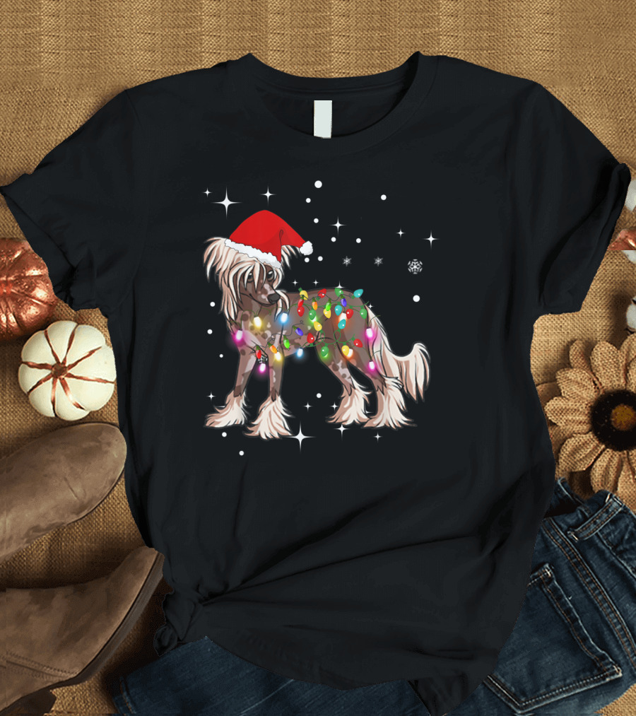 Christmas Lights Chinese Crested Dog with Santa Hat and Stars T-Shirt