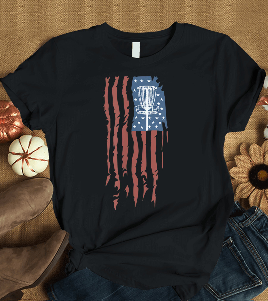 Disc Golf Basket American Flag Frisbee Sports USA T-Shirt