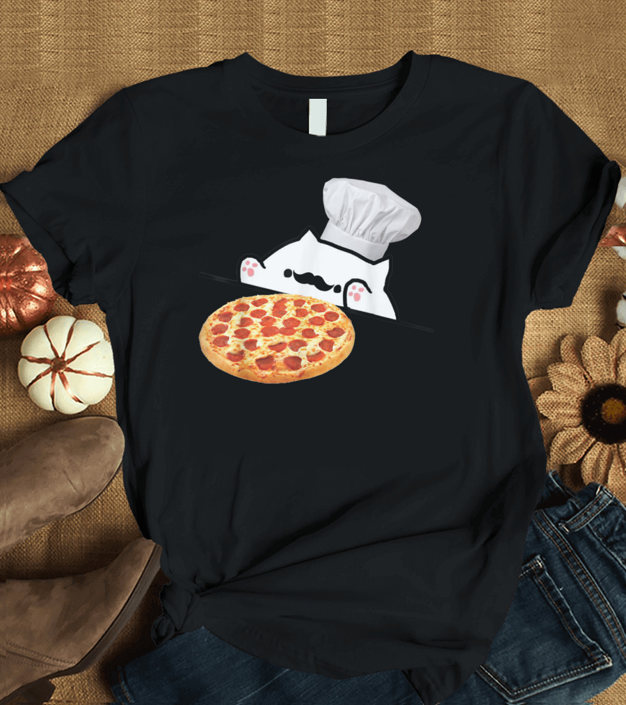 Bongo Cat Pizza Chef with Mustache and Pepperoni Pizza Humor T-Shirt