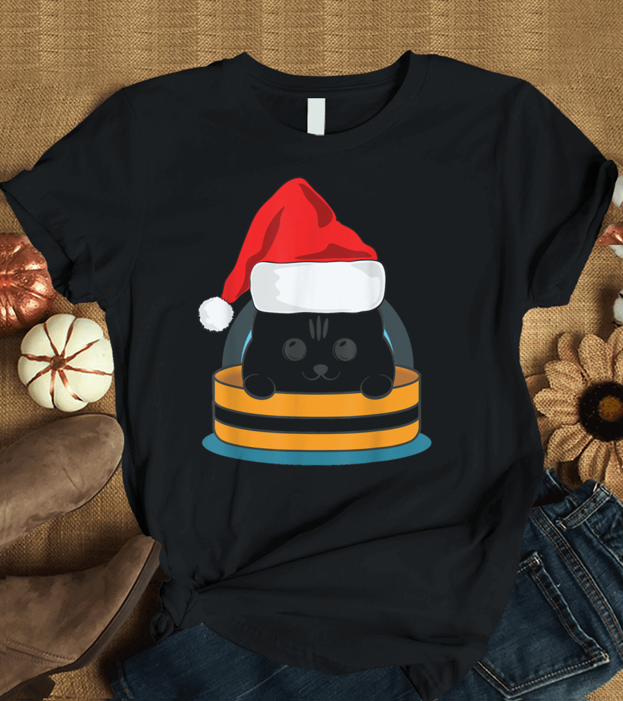 Cute Black Cat in Santa Hat Sitting Inside Orange and Black Barrel T-Shirt
