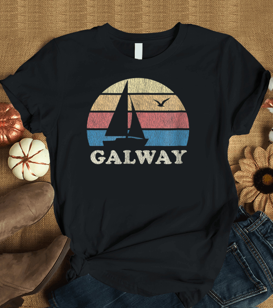 Galway Vintage Sailboat 70s Sunset with Seagull T-Shirt