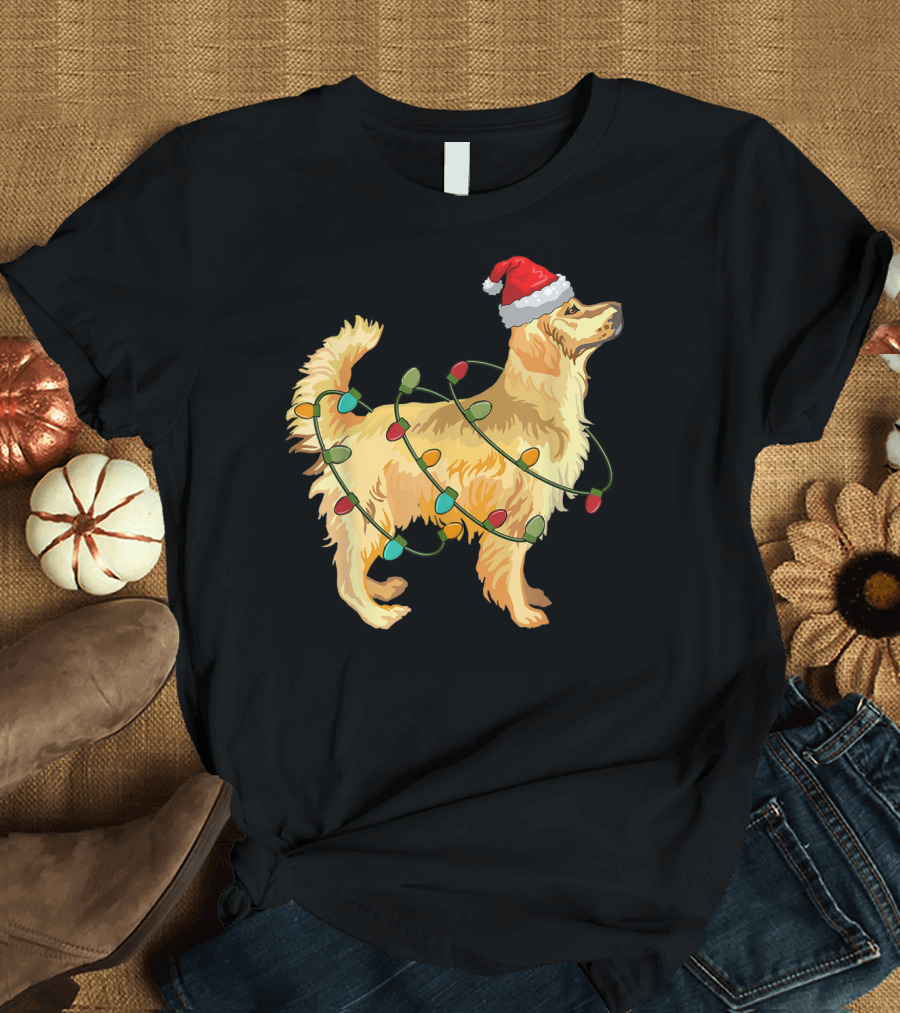 Golden Retriever with Christmas Lights and Santa Hat T-Shirt