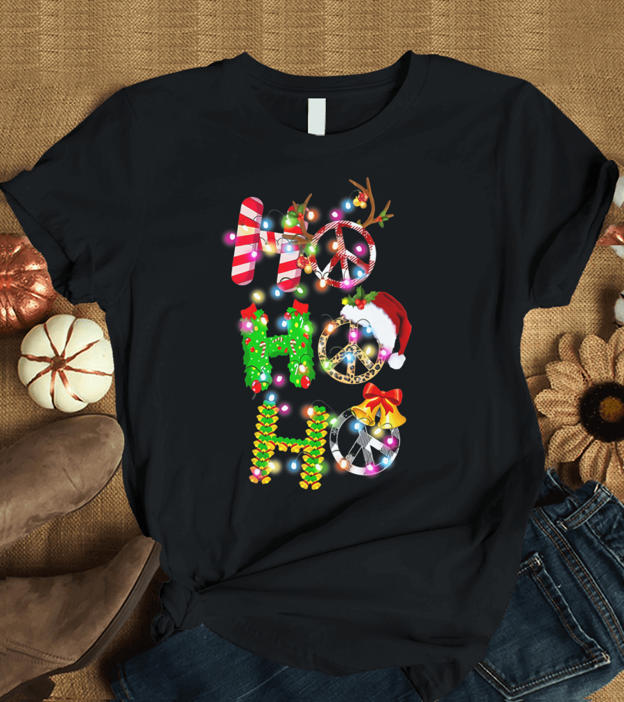 Ho Ho Ho Christmas Light Peace Sign Reindeer Santa Hat T-Shirt