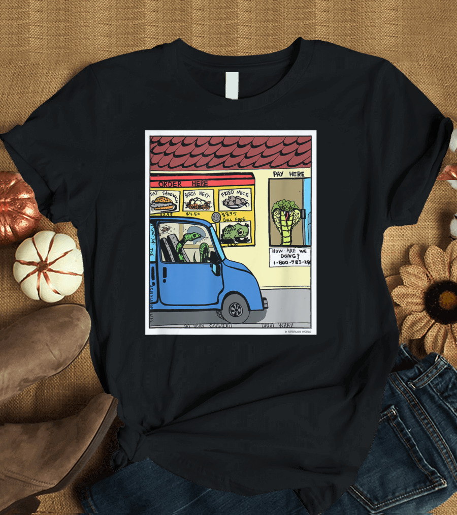Hungry Snake Drives Through Reptile Lover Comic with Rat Sandwich and Frogs Legs T-Shirt