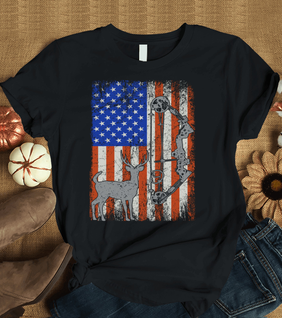 American Flag Deer Hunter with Bow Hunting Iconic T-Shirt