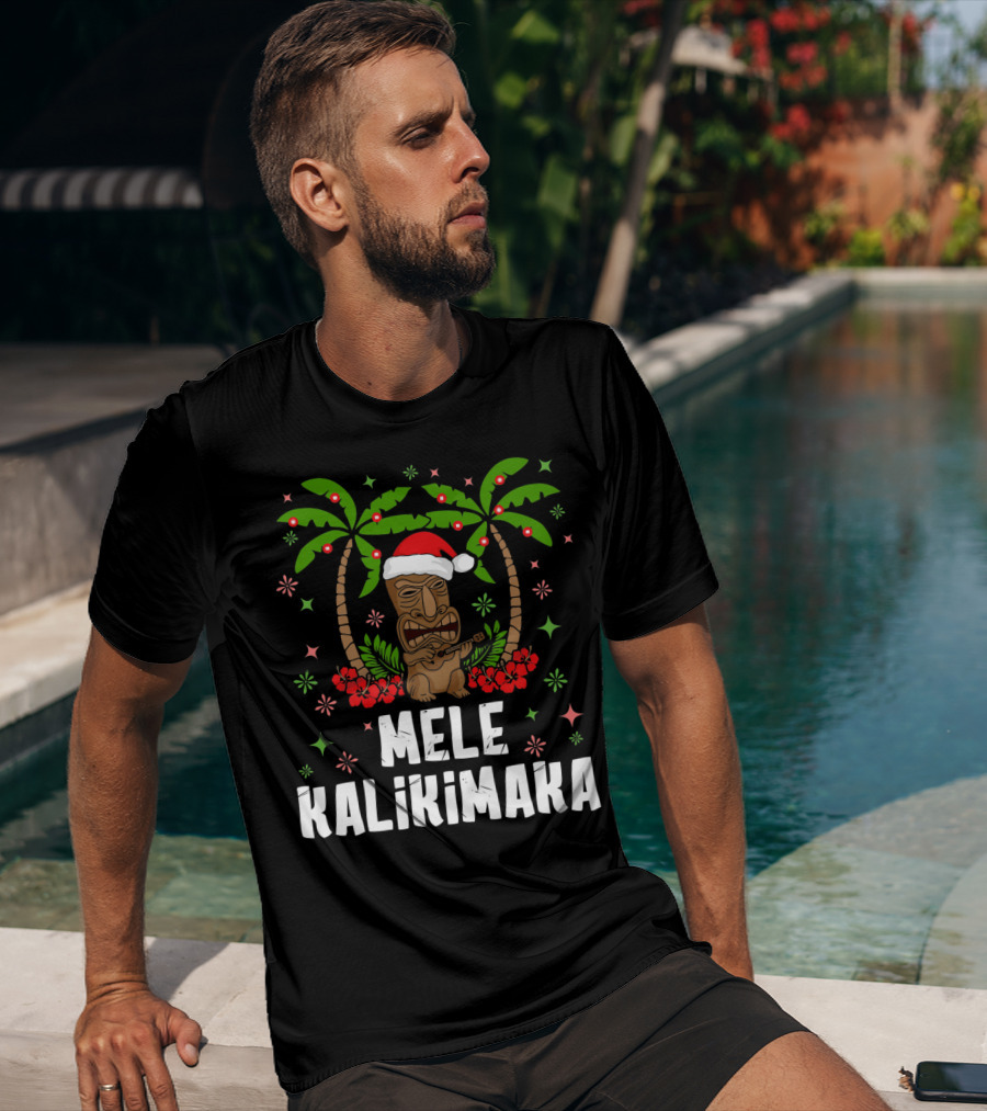 Mele Kalikimaka Santa Tiki Hawaiian Christmas Palms T-Shirt