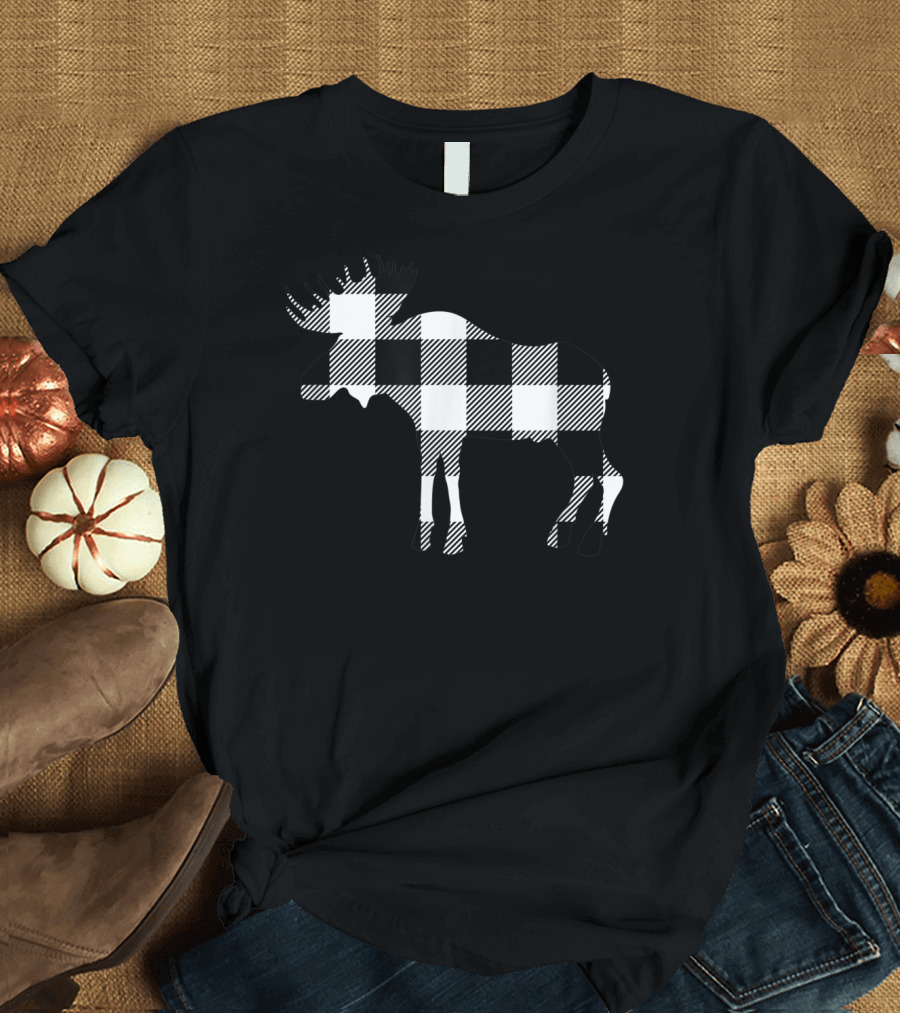 Classic White Black Buffalo Plaid Moose Christmas T-Shirt