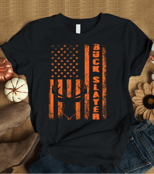 T-Shirt: Buck Slayer Blaze Orange Deer American Flag T-Shirt Buck Slayer Blaze Orange Deer American Flag T-Shirt