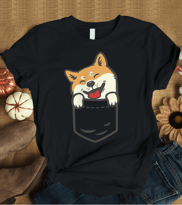 T-Shirt: Cute Shiba Inu Akita Dog Face in Pocket T-Shirt Cute Shiba Inu Akita Dog Face in Pocket T-Shirt