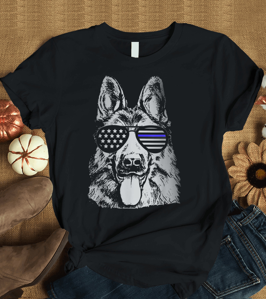 K9 Police Officer Dog Thin Blue Line Stars and Stripes Sunglasses T-Shirt