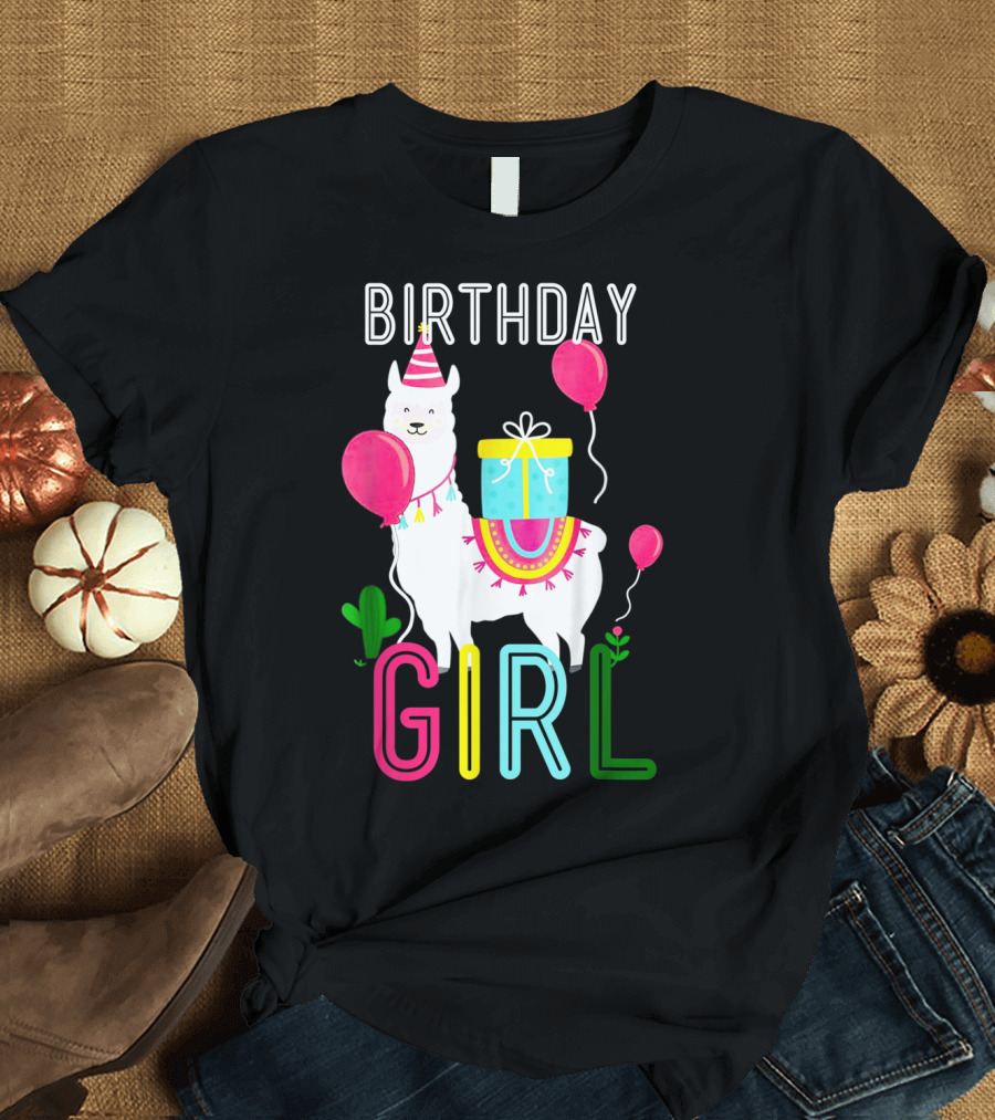 Birthday Girl Llama Cool Cute Alpaca with Balloons and Present T-Shirt