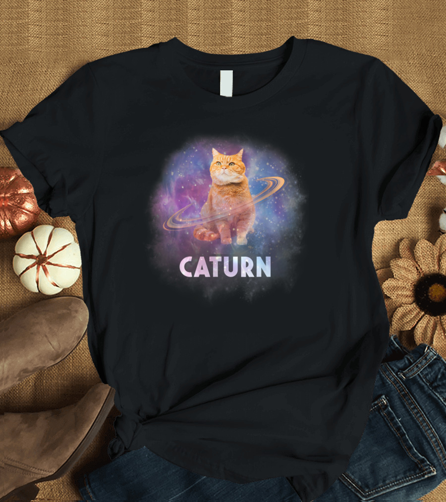Caturn Cosmic Feline in Galaxy T-Shirt