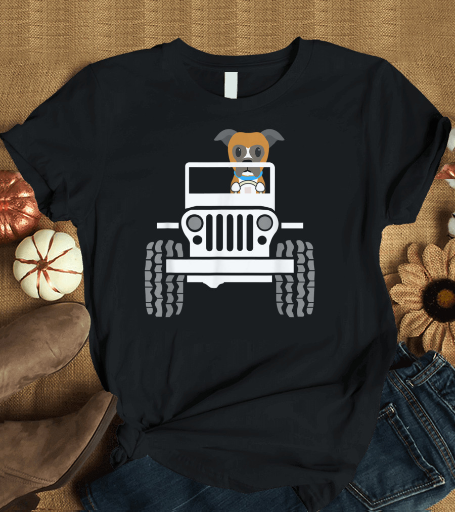 Cute Funny Boxer Dog Driving a Jeep T-Shirt