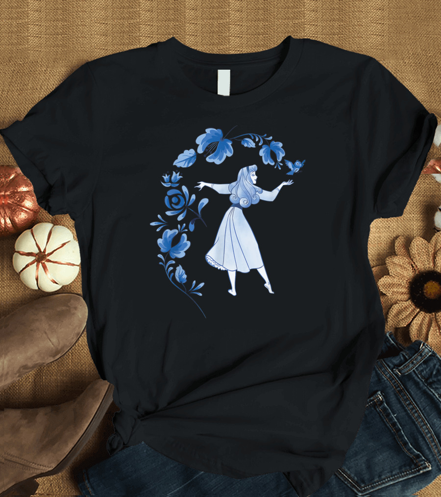 Disney Sleeping Beauty Princess Aurora with Blue Flowers and Bird T-Shirt