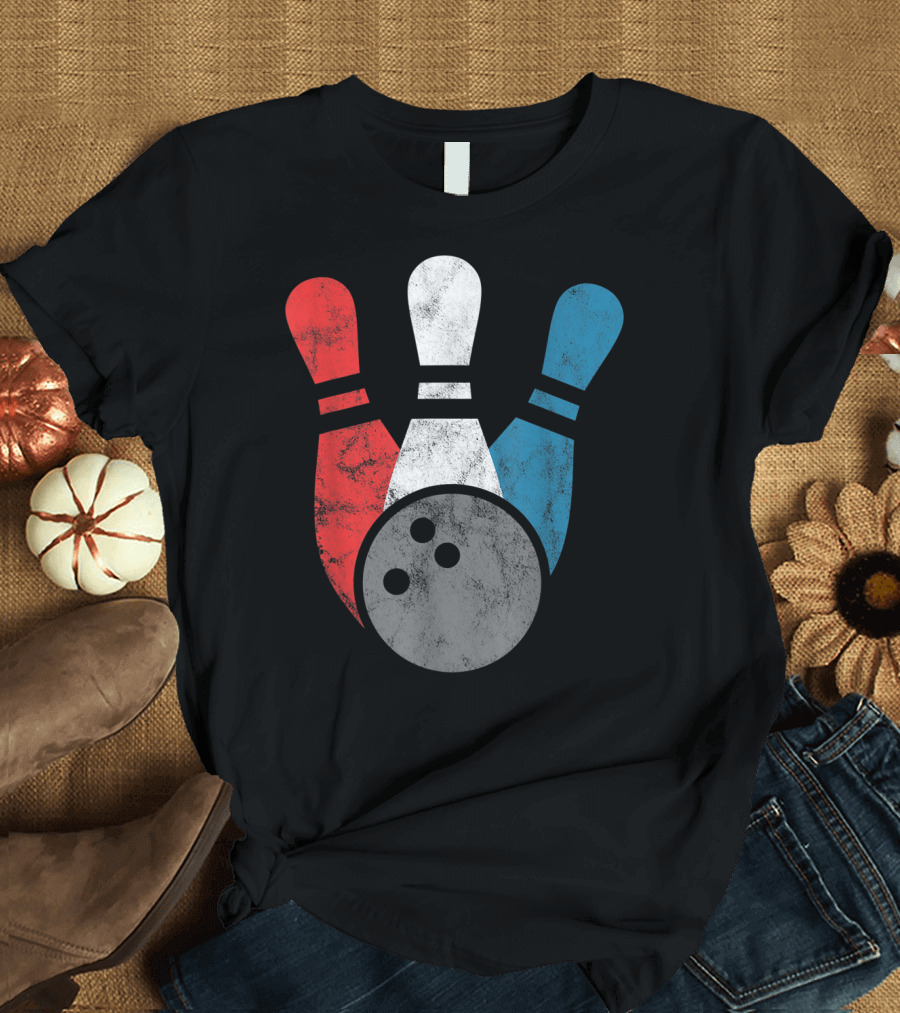 Distressed Red White Blue Bowling Pins with Bowling Ball T-Shirt