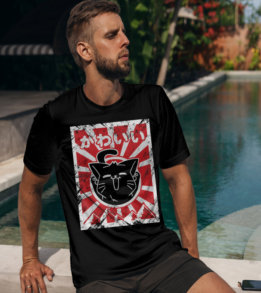 Kawaii Anime Cute Japanese Cat With Red Rising Sun Background T-Shirt