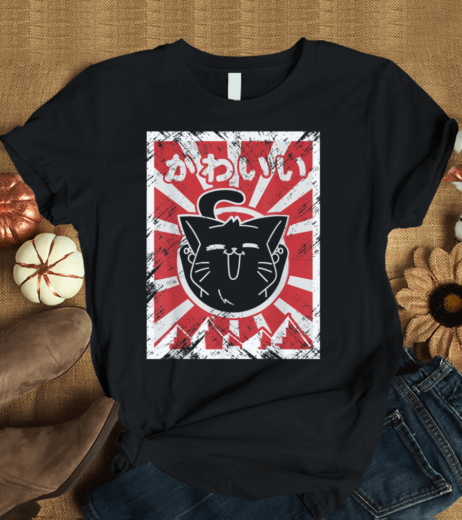 Kawaii Anime Cute Japanese Cat with Red Rising Sun Background T-Shirt