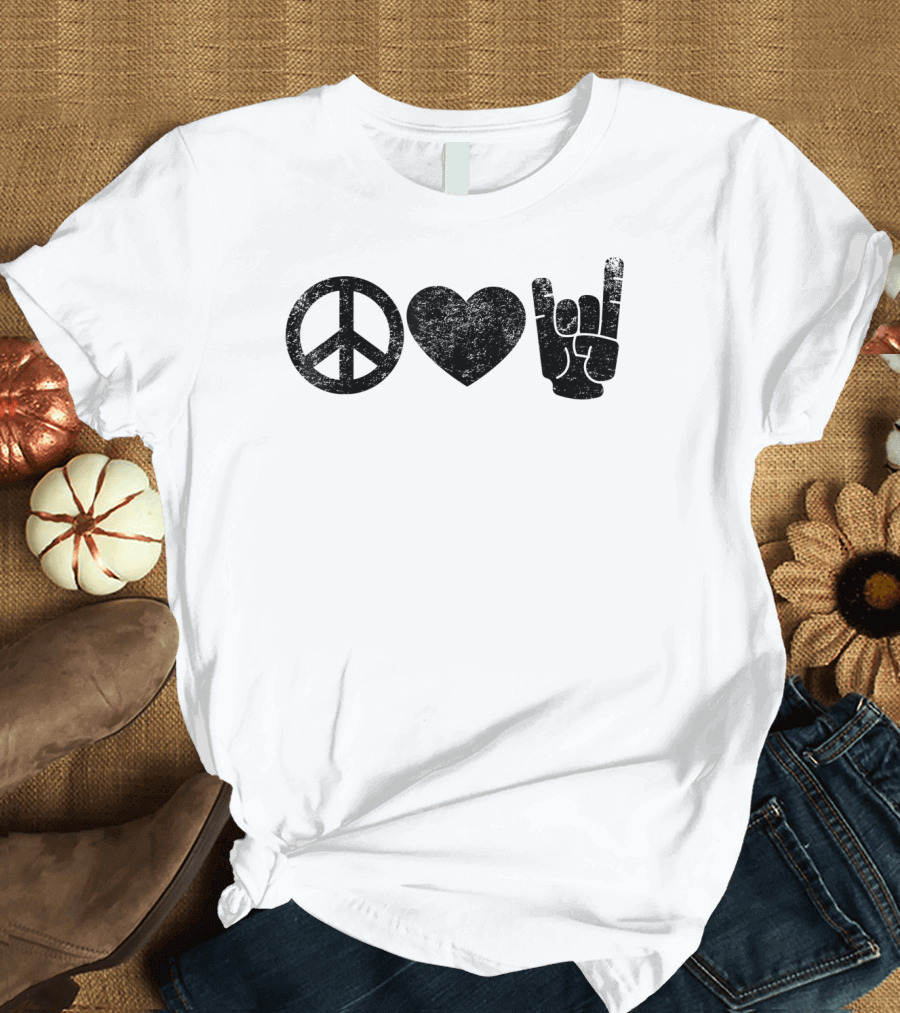Peace Love Rock and Roll Icons Symbolizing Harmony Affection and Music Enthusiast Gesture T-Shirt