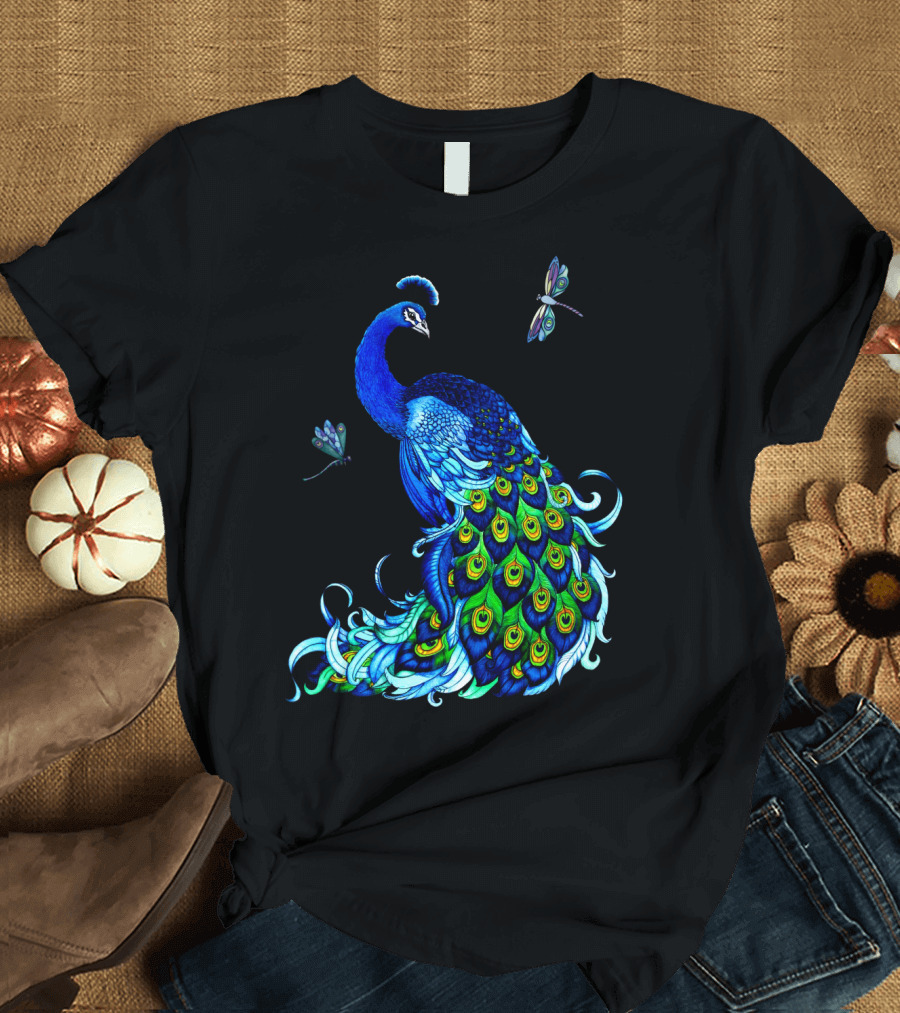 Peacock Elegance with Vibrant Dragonflies T-Shirt