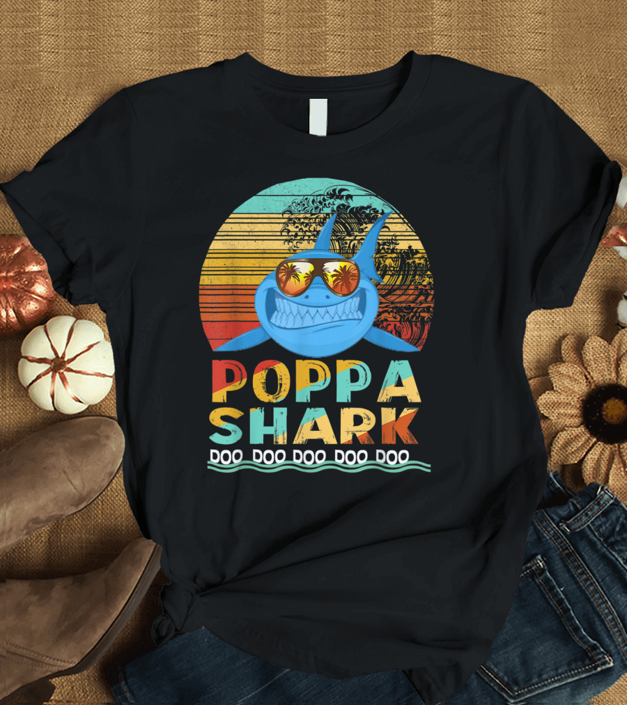 Poppa Shark Doo Doo Doo Doo Doo Retro Sunset Palm Trees Sunglasses T-Shirt