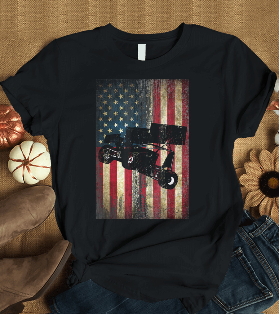 Distressed American Flag with Sprint Car Racing T-Shirt