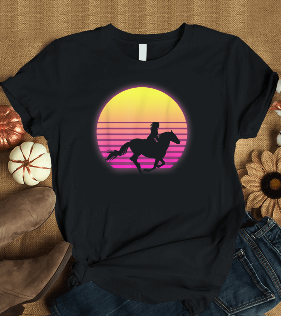 Vintage Sunset Girl Horse Riding Silhouette Retro Cool Horse T-Shirt