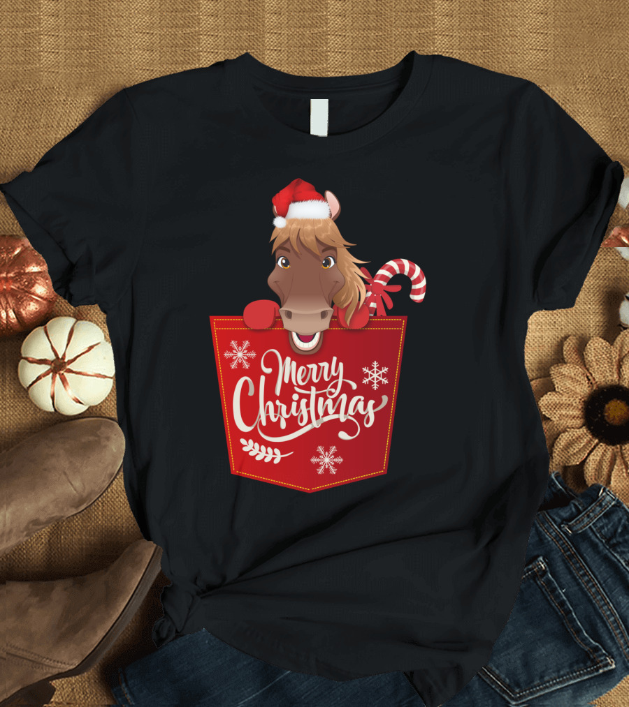 Funny Horse in Santa Hat with Candy Cane Merry Christmas Crewneck T-Shirt