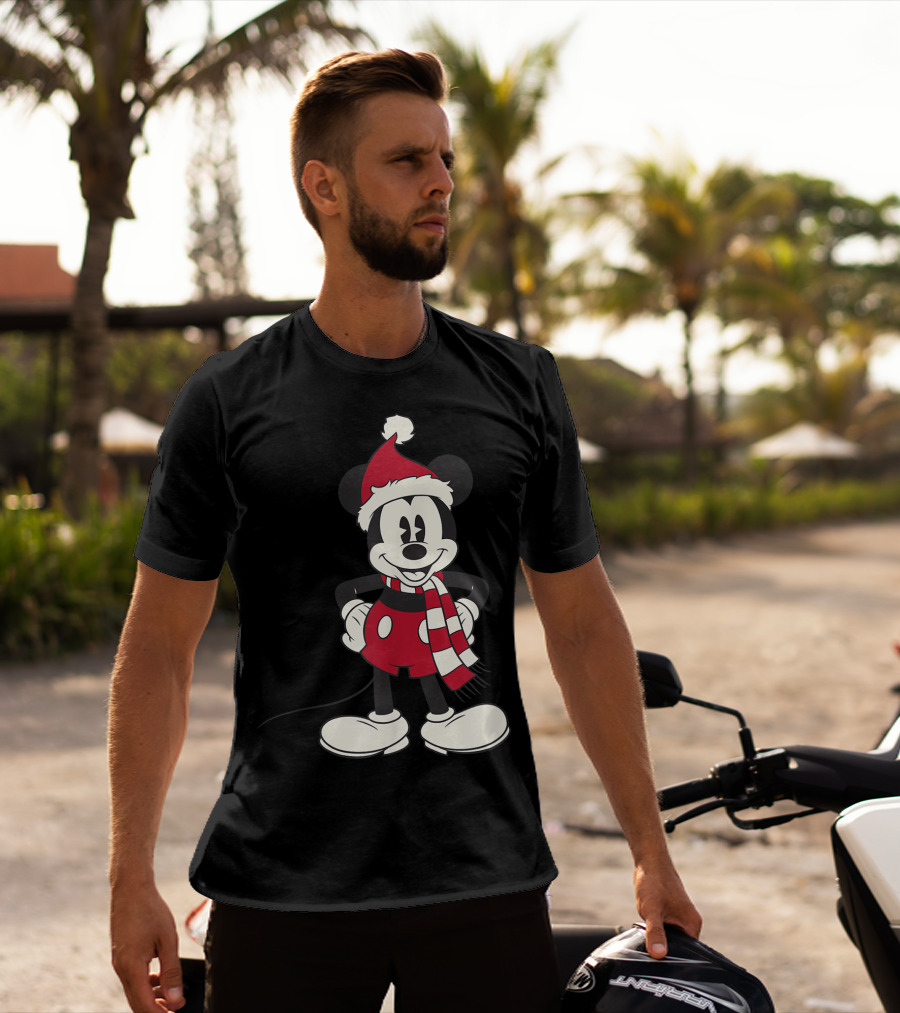 Disney Mickey Mouse Christmas Santa Hat And Scarf T-Shirt