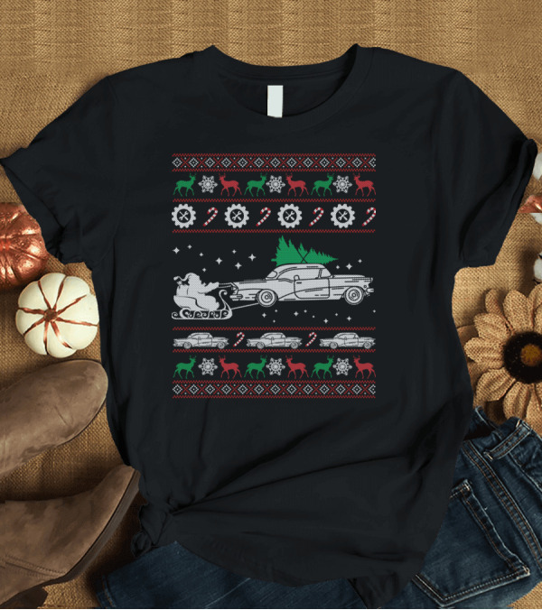 T-Shirt: Santa Sleigh Racing Classic Car Holiday T-Shirt Santa Sleigh Racing Classic Car Holiday T-Shirt