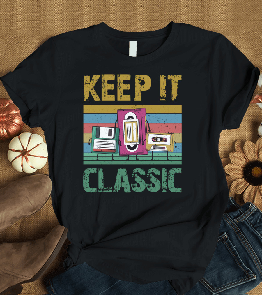 Keep It Classic Old 90s Technology Floppy VHS Retro Stripes T-Shirt