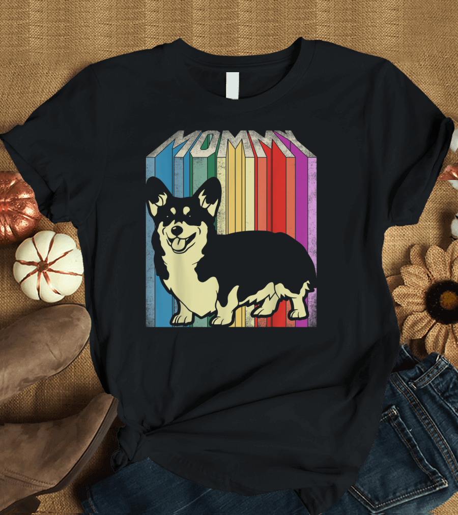 MOMMY Corgi Dog Vintage Rainbow Stripes T-Shirt