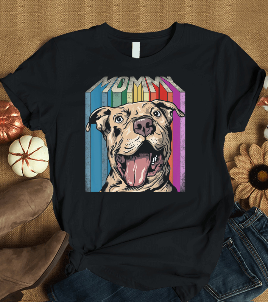 Mommy Pitbull Dog Retro Colorful Stripes T-Shirt