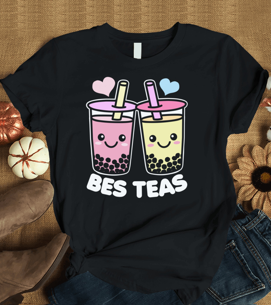 Bes Teas Cute Kawaii Boba Drinks Pink Yellow Hearts T-Shirt