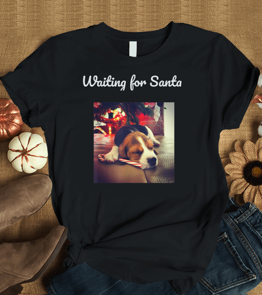 Waiting for Santa Cute Dog Under Christmas Tree with Candy Cane T-Shirt