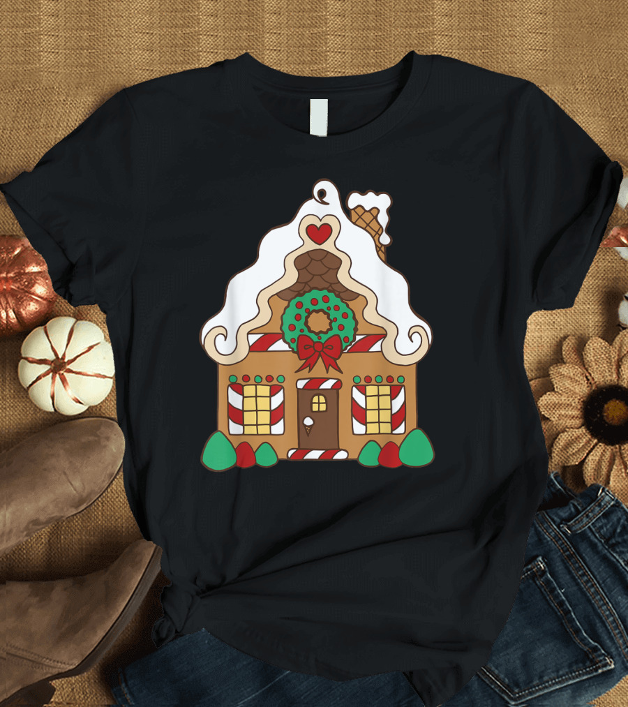 Christmas Gingerbread House with Candy Cane and Wreath T-Shirt