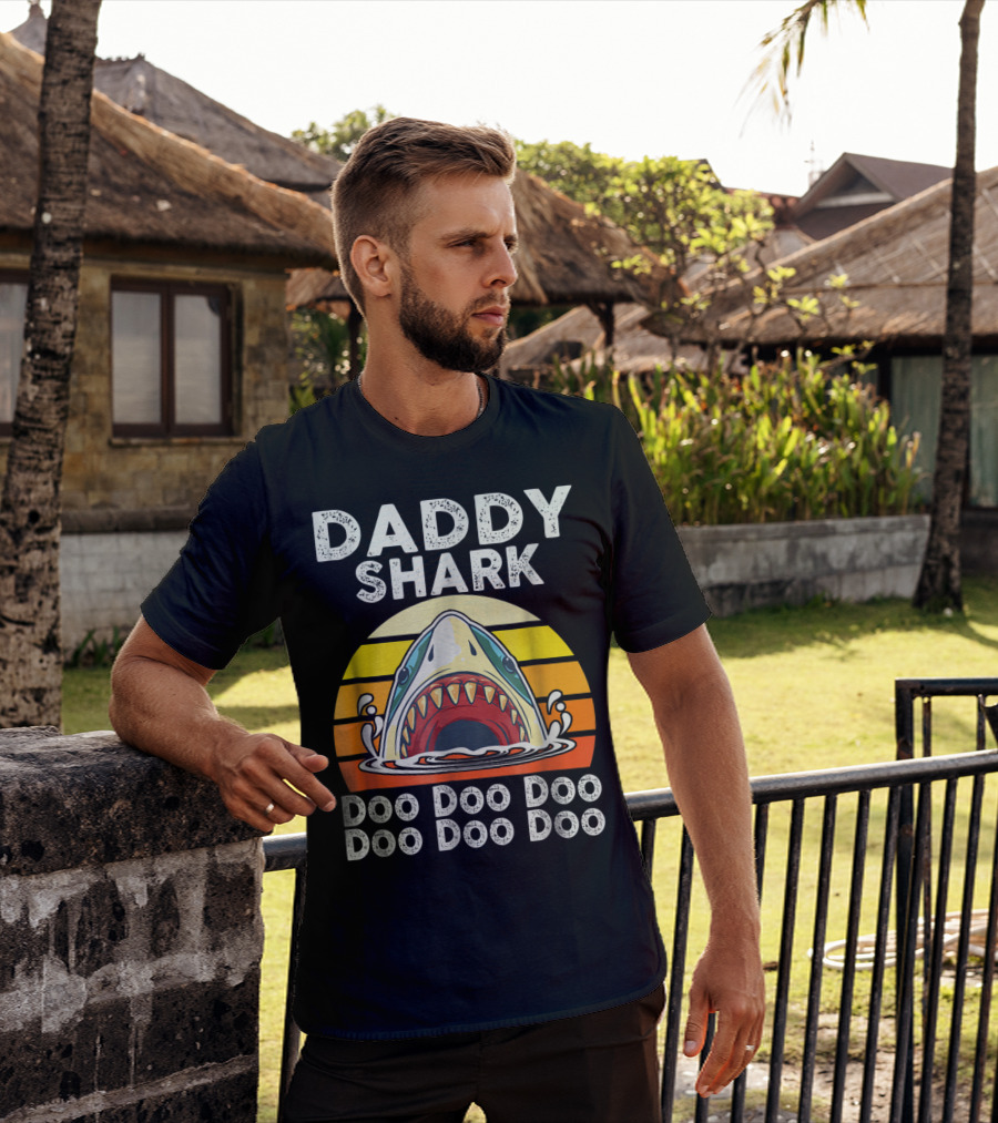 Daddy Shark Doo Doo Doo Doo Doo Doo Funny Sunset Shark Face T-Shirt