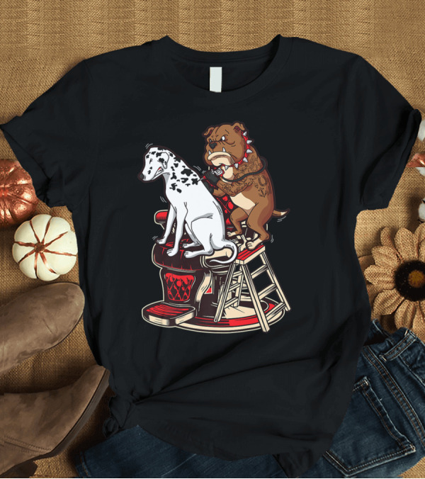 T-Shirt: Dalmatian and Tattoo Artist Bulldog on Barber Chair T-Shirt Dalmatian and Tattoo Artist Bulldog on Barber Chair T-Shirt