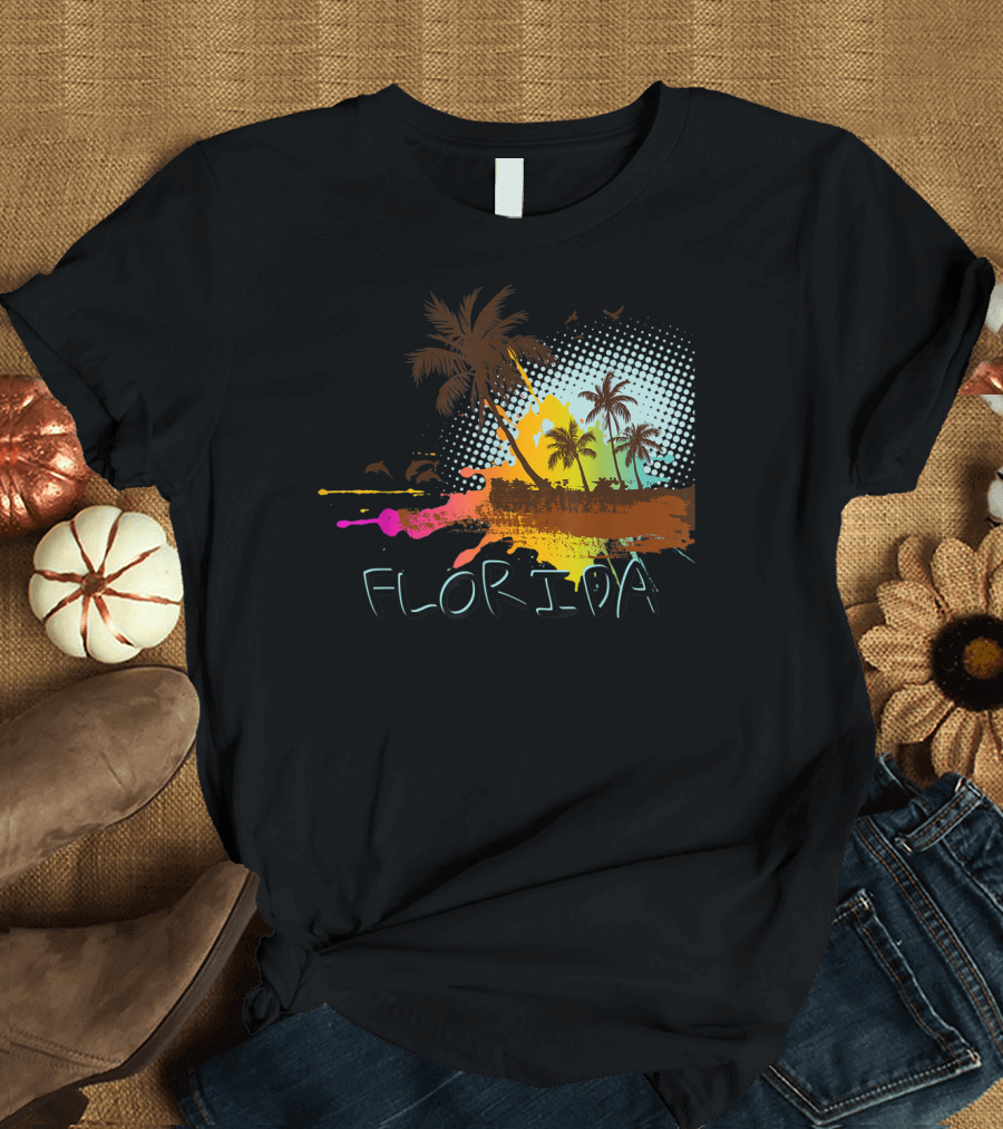 Florida Beach Vacation with Colorful Palm Tree Splash Art Ocean Lovers T-Shirt
