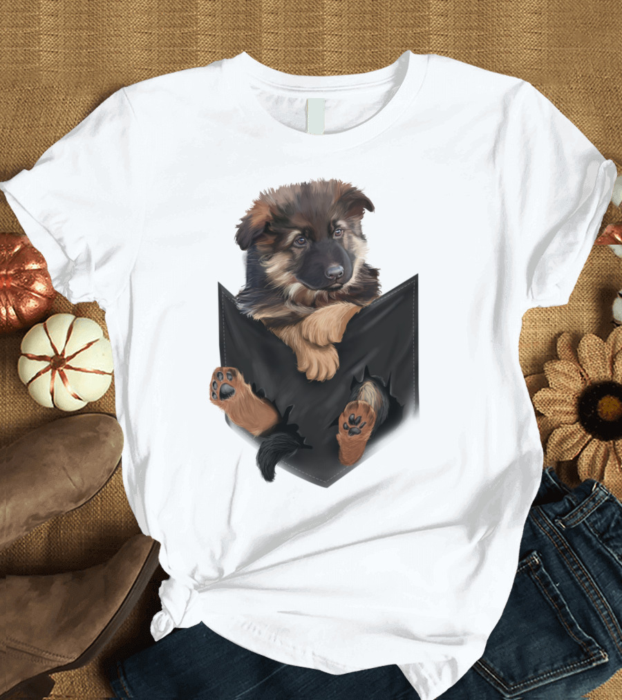 German Shepherd Puppy in Black Pocket T-Shirt