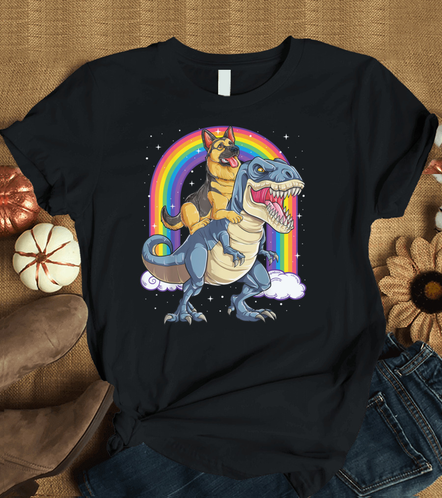 German Shepherd Riding Dinosaur Rex with Rainbow and Stars T-Shirt