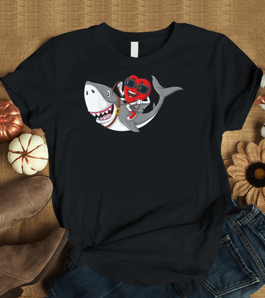 Heart Riding Shark Valentine's Day Adventure T-Shirt