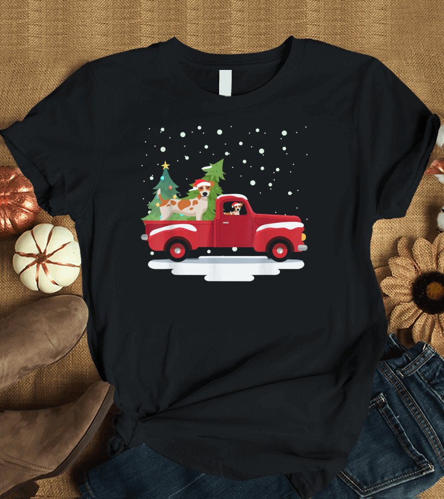Jack Russell Terrier Santa Christmas Truck Holiday Scene Snowflakes and Trees T-Shirt
