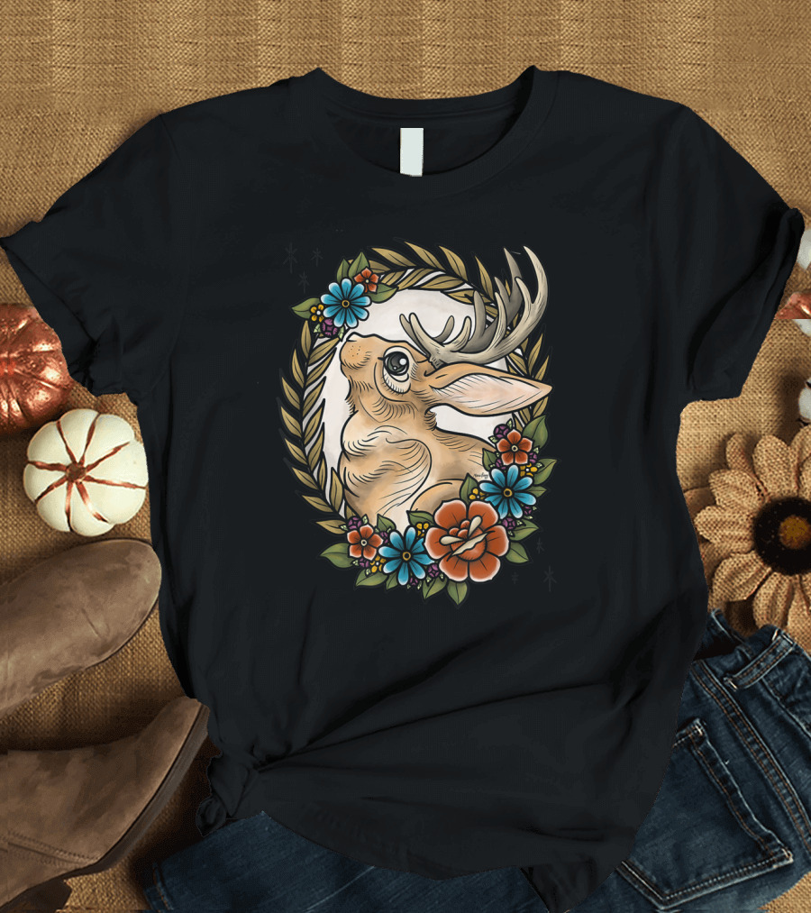 Jackalope Surrounded by Colorful Flowers and Leaves T-Shirt